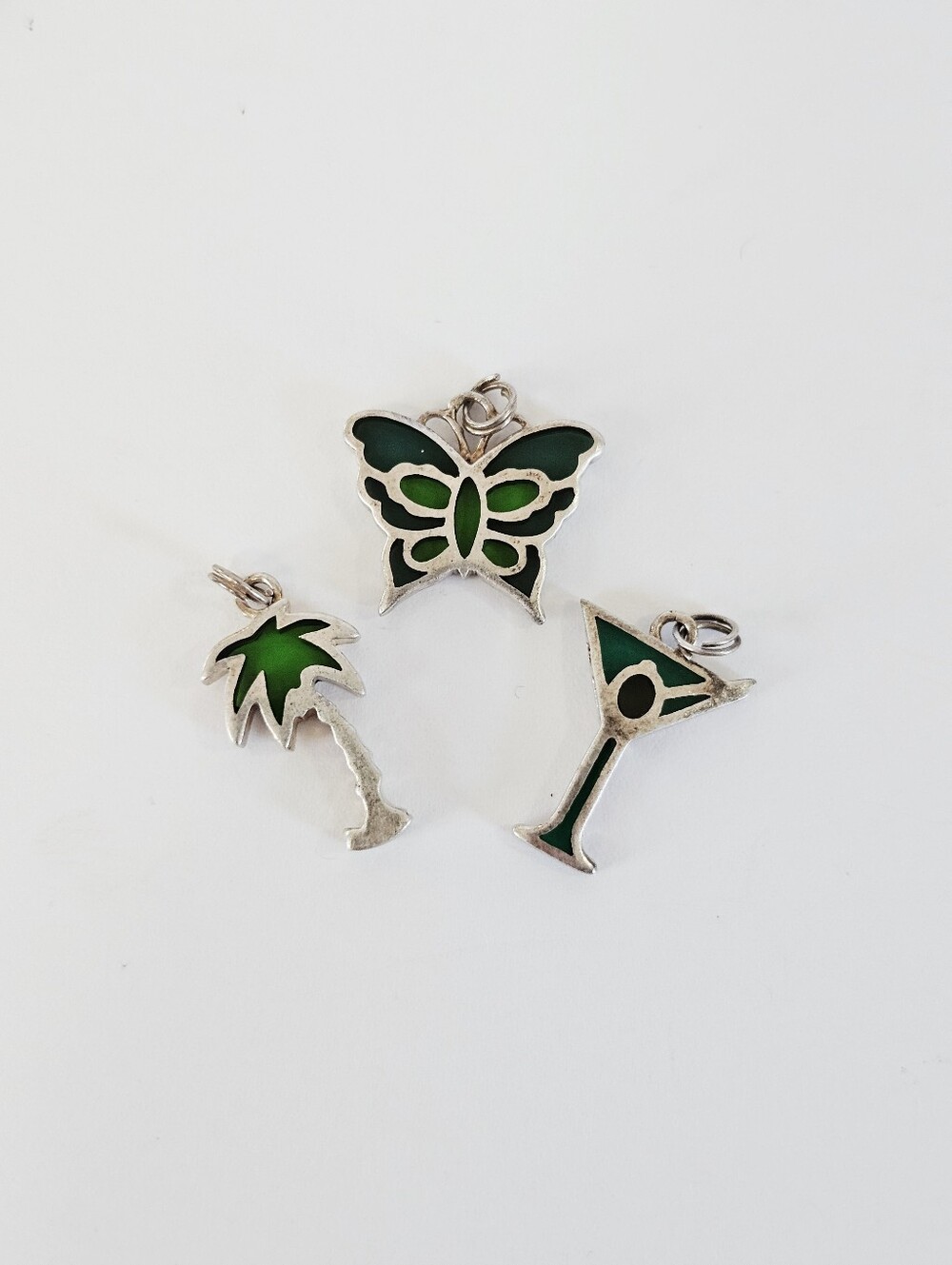 Vintage Jezlaine Sterling Silver Stained Glass Charm Set Butterfly Martini Palm